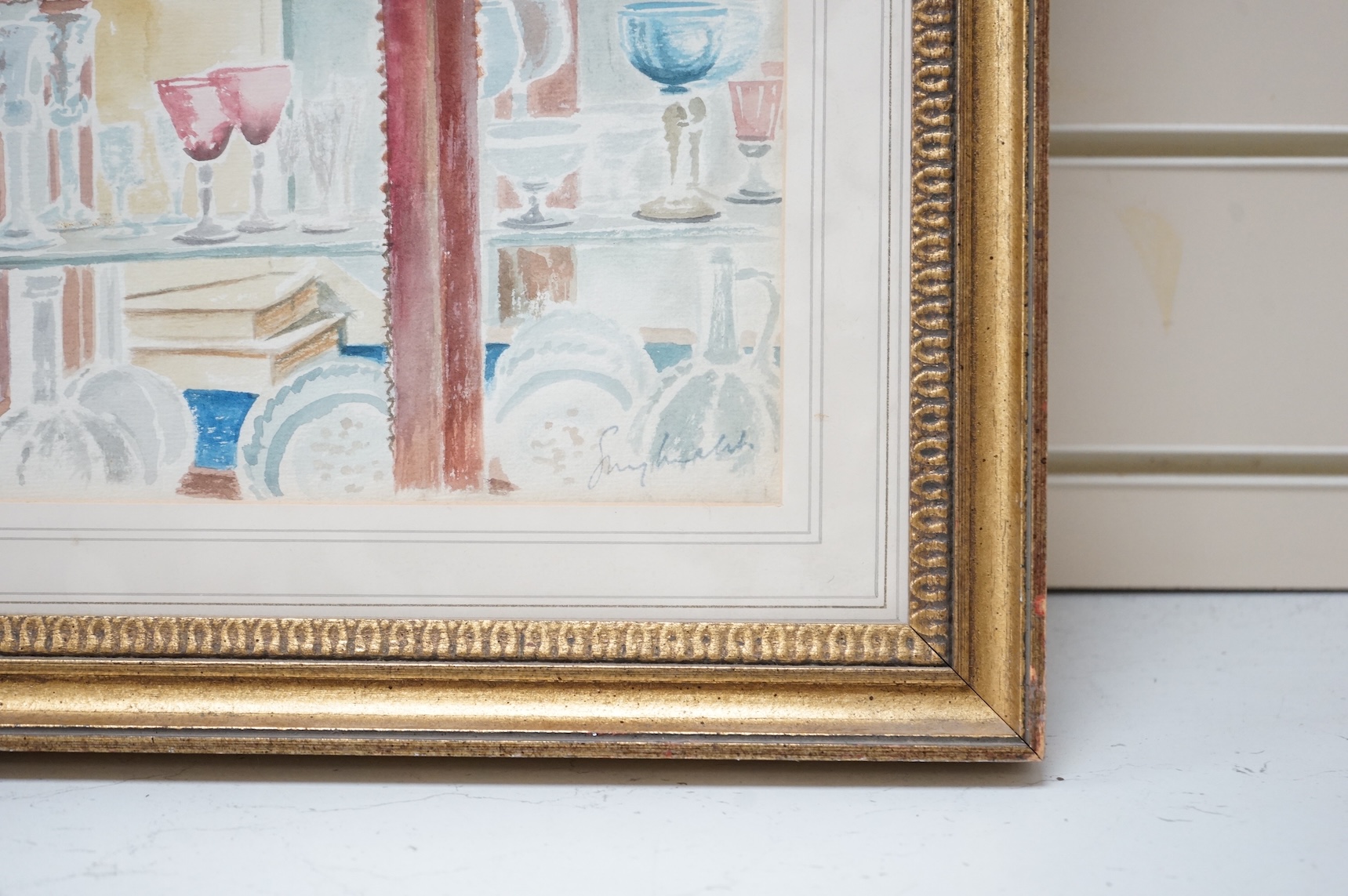 20th century School, View of a windowsill before a country garden, indistinctly signed lower right, watercolour, 37 x 56cm